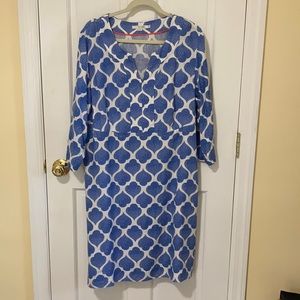Boden US18L linen geometric print dress, medium blue and white, 3/4 sleeve